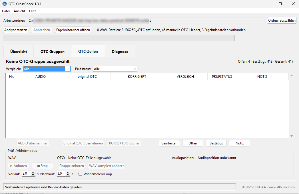 QTC-CrossCheck 1.3.1 showing WAEDC CW QTC review and comparison controls